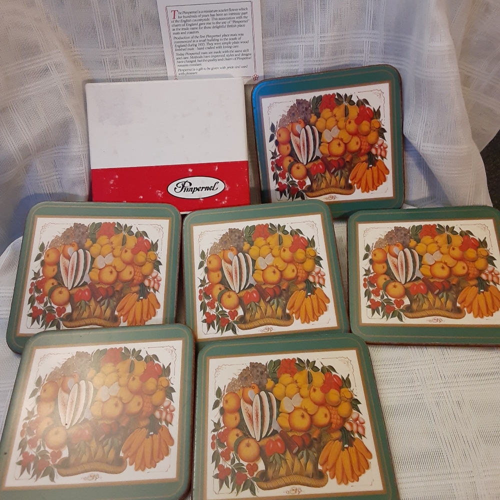 Vintage Pimpernel Coaster Set of 6 Cork Backing Williamsburg Fruit Pattern